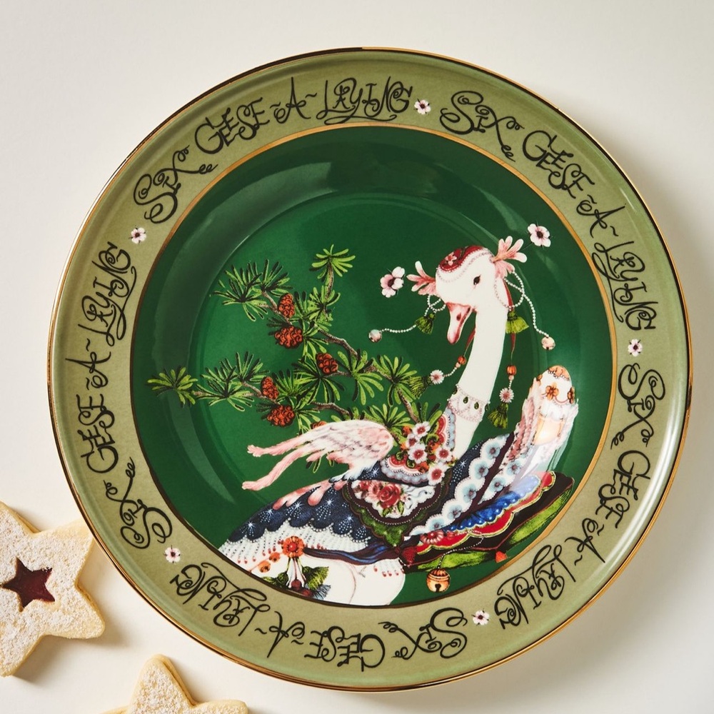 Anthropologie Phannapast 12 Days Christmas Stoneware Desert Plate 6 Geese A Lay